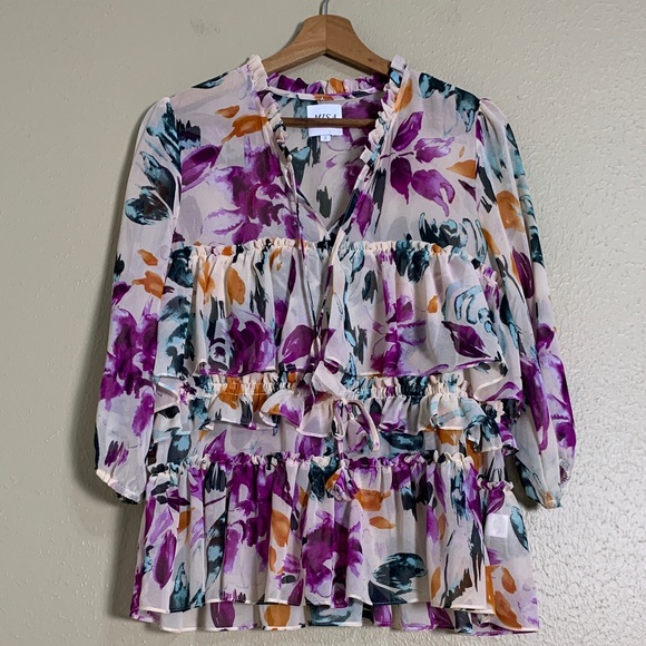 Misa Los Angeles Women’s Floral Tiered Ruffle Blouse Pink Parisian chic Boho S - Picture 2 of 9